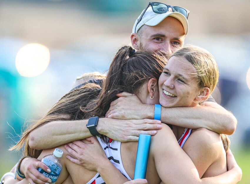 Bangor head track coach Dan Rampetstreiter joins the Cardinals&rsquo; 800  meter relay team (Grace Wenthold, Jaycee Michek, Marin Gasper,  Aubrey Langrehr) after placing second at sectionals and qualifying for the  WIAA state meet on Friday, May.