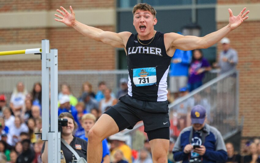 Luther’s Jack Schmeling revels in the moment after clearing 6-08 during the Division 3 high jump competiton. Schmeling finished second in the event to Ladysmith’s Ashton Clark who cleared 6-09.