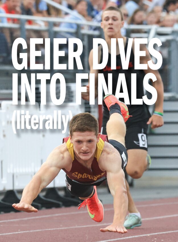 Sparta’s Grant Geier takes to the air for a unique finish in the preliminary
running of the 400 meter race Friday afternoon in La Crosse. Geier
placed ninth in the prelim and was eighth in the finals with a time of
49.64.