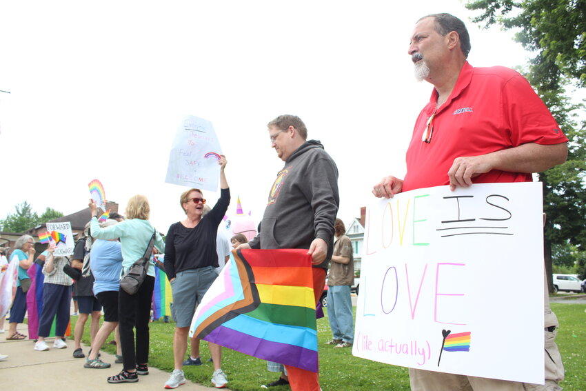 Protesters outside Monroe County’s Human Services building protest the removal of Pride flags from county buildings June 18.