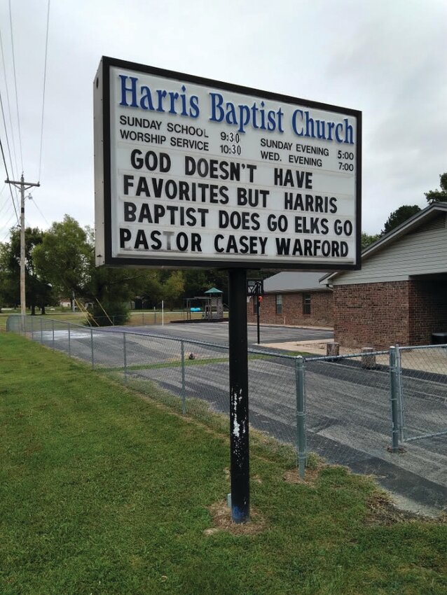 Harris Baptist Church unabashedly proclaims its support for the hometown Elkins’ Elks football team.