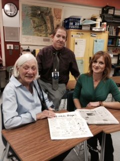 Betty Debnam Hunt, Patrick Vernon, Dave Jones Award recipient, and Michele Terry, NIE and Marketing Manager for the (Burlington) Times-News, in Vernon&sup1;s classroom at Western Middle School.