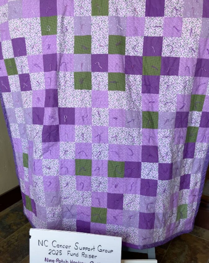 The Newton County 2025 Spring Fundraiser quilt is a Nine Patch pattern of all shades purple. This springtime quilt fits full to queen. It is reversible with purple colors on the back. This two quilts for one can be won for a donation of $1 or 6 tickets for $5. It is hanging on display at Anstaff Bank in Jasper through May 31. The drawing will be June 2.