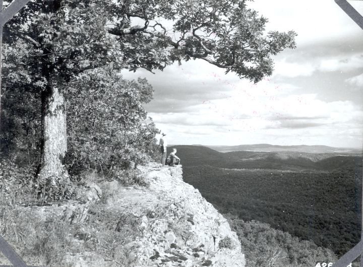 View of Ozark National Forest from overlook at White Rock Mountain Recreational Area.&quot; Dated 1941
