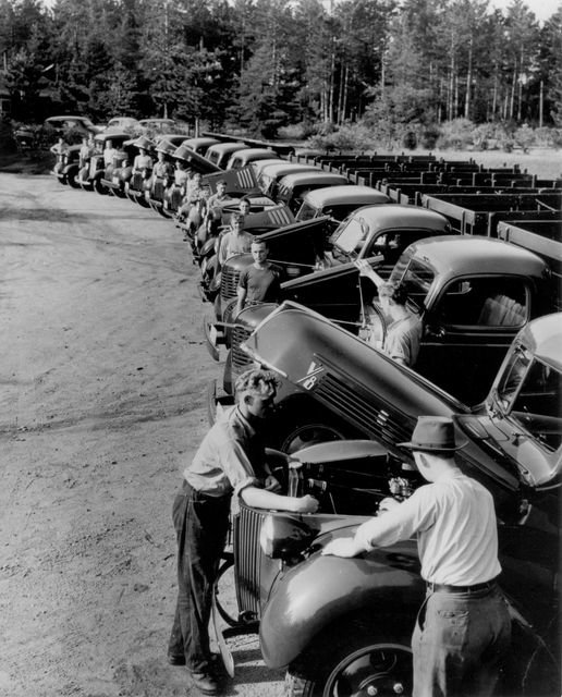 Camp Ozone was a CCC camp from 1935 - 1942. Today, Ozone is a campground in the forest. Pictured are mechanics at Camp Ozone. Undated. The CCC enrollees learned skills ranging from land conservation, forestry, construction, woodworking, surveying, and mechanical work.