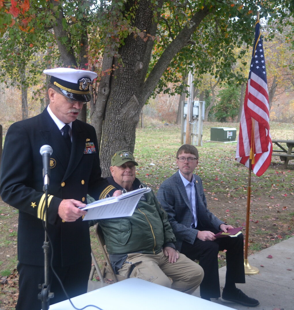 The Veterans Day program held Saturday morning, Nov. 11, at Bradley Park featured from left,  Robert "Pete" Petersen, of Russellville, District 4 Veteran Service Officer of the Arkansas Department of Veterans Affairs; Newton County Veteran Service Officer Gerald Lamb and state Rep. Steven Walker, of the 27th district.