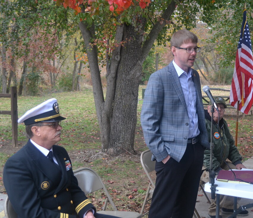 12A - State Rep. Steven Walker, 27th District, was a special guest at the Veterans Day program. He brought with him Legislative Certificates of Recognition to present to three of the county's most senior armed services veterans.