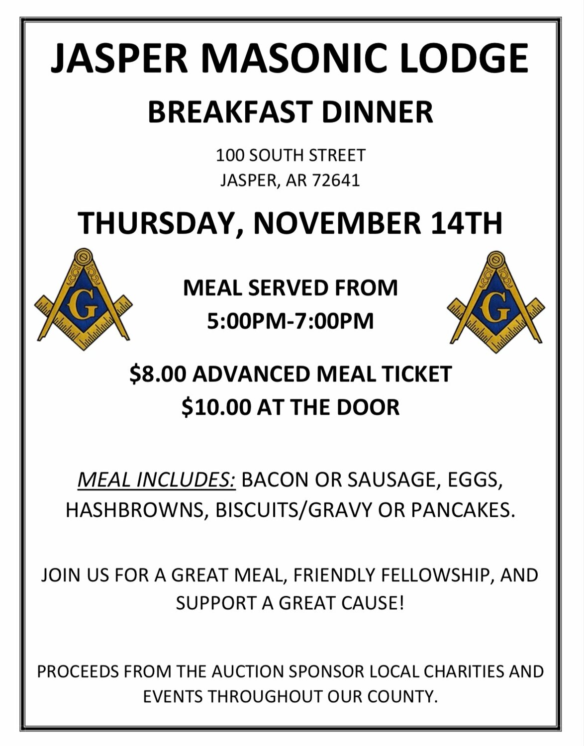 Jasper Masonic Lodge sets 'Breakfast Dinner' - Newton County Times