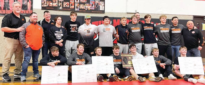 The Byron High School varsity wrestling team fell 48-28 against Marian Central Catholic in the IHSA 1A Dual Sectional at Newman Central Catholic on Tuesday. Above is a photo from the team’s IHSA 1A Individual Regional title at BHS in early February.