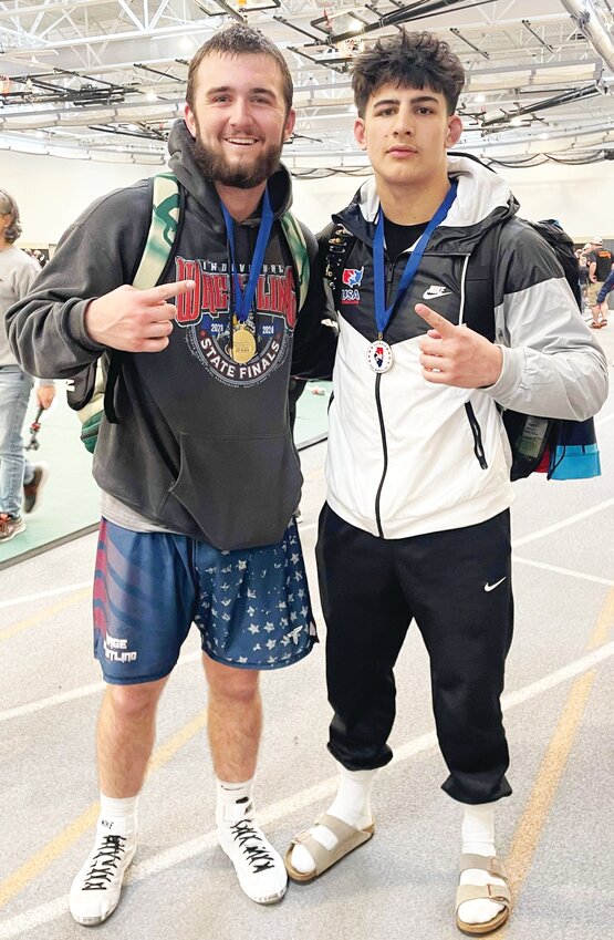 Rochelle wrestlers Kaiden Morris (left) and Roman Villalobos (right) each took first at the 2024 Illinois Greco-Roman State Championships in Oak Forest.