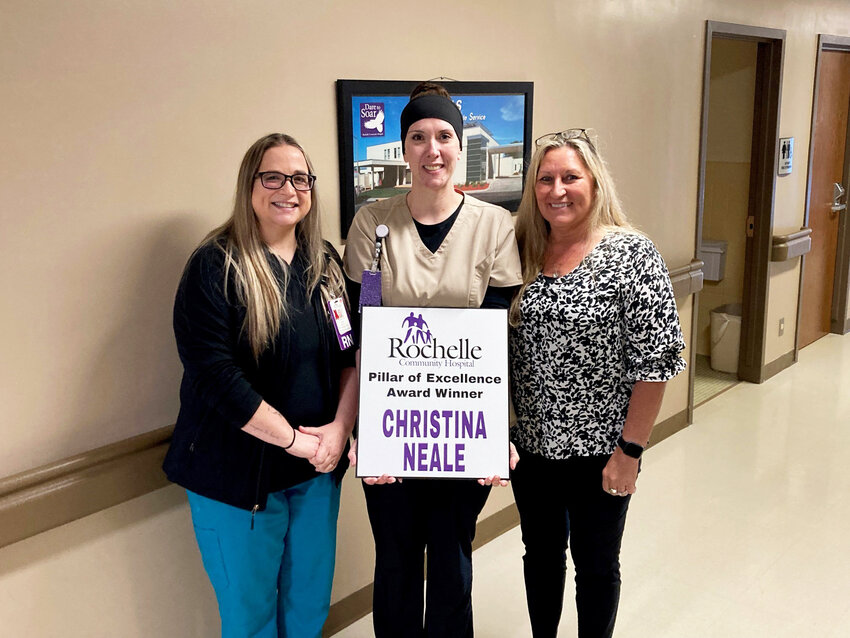 Rochelle Community Hospital recently announced the revealing of its new employee recognition award as well as its first recipient. The first quarter recipient of the RCH Pillar of Excellence Award was presented to Christina (Tina) Neale, RN, of the Medical/Surgical department.