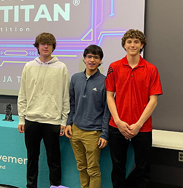 Three Mendota High School students were awarded scholarship monies after participating in the Junior Achievement Titan competition on April 18. Left to right, are Alex Holland, Bryan Herrera and Jace Baird. (Photo contributed)