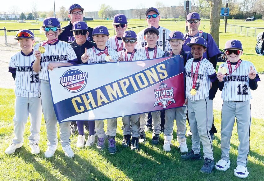 The Rochelle Rampage 11U baseball team went 4-0 to win the 2024 Silver Series Championship tournament in Rockford from April 19-21. The team includes Noah Hayden, Devin Hansen, Eli Thompson, Dominic Escatel, Chase Brown, Beau Perrine, Riley Heal, Gavin Smith, Grange Kissack and Brycen Williams. The team is coached by Tim Hayden, Adam Heal and Mike Thompson.