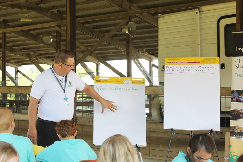 Students from Carroll and Ogle counties learn about careers in the agricultural field from John Heisner of FCAE, at Ag Awareness Days.