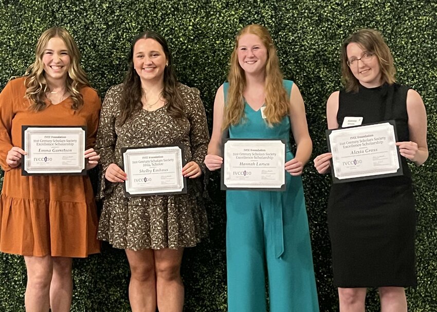 Shelby Einhaus, second from left, was named the 2024 Illinois Valley Community College Foundation 21st Century Scholar. She is pictured with finalists, left to right, Emma Garretson, Hannah Larsen and Alexia Gross. A dozen students were recognized with scholarships ranging from $1,000 to $4,500. (Photo contributed)