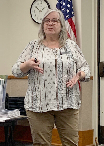 Betty Anne Harrison, a Master Gardener Coordinator, speaks to the Fort du Rocher Chapter of the Daughters of the American Revolution Easy Care Native Plants. (Photo contributed)