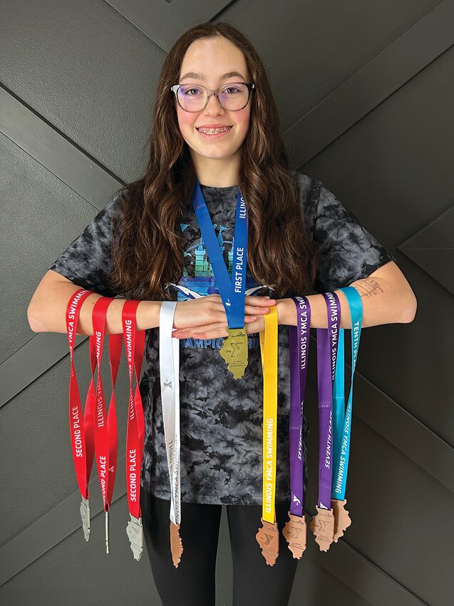 Norah Shearer, a then Amboy Junior High School eighth grader and now Amboy High School freshman, won nine medals at the 2025 Illinois YMCA State Swimming Championship March 14-16 in St. John, Ind.