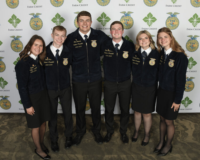 The 2025-26 Illinois FFA State Officer Team was elected at the State FFA Convention on June 12. Left to right, are Natalie Pratt, president; Koben Tate, vice president; Ethan Bremmer, reporter; Kyle Bradshaw, secretary; Kaydance Wooton, treasurer; and Paige Sierens, sentinel. Pratt is a member of the Amboy FFA Chapter. (Photo contributed)
