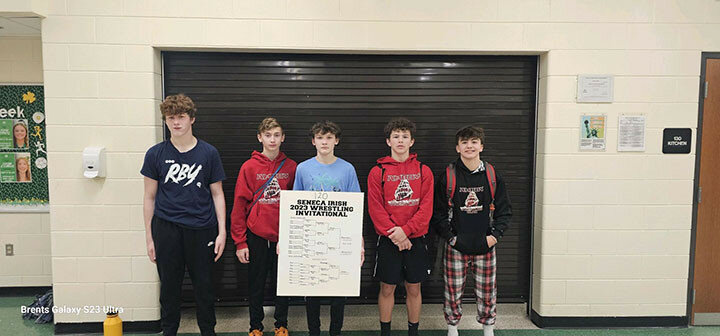The Amboy wrestling team finished seventh out of 17 teams at Saturday, Dec. 2’s Seneca Irish Invitational. Landon Blanton, middle, won the 120-pound brakcet, while Lucas Blanton was fifth at 175, Ty Florschuets was fifth at 106, Jose Lopez was fifth at 138, and Caiden Heath took fifth at 144. Contributed