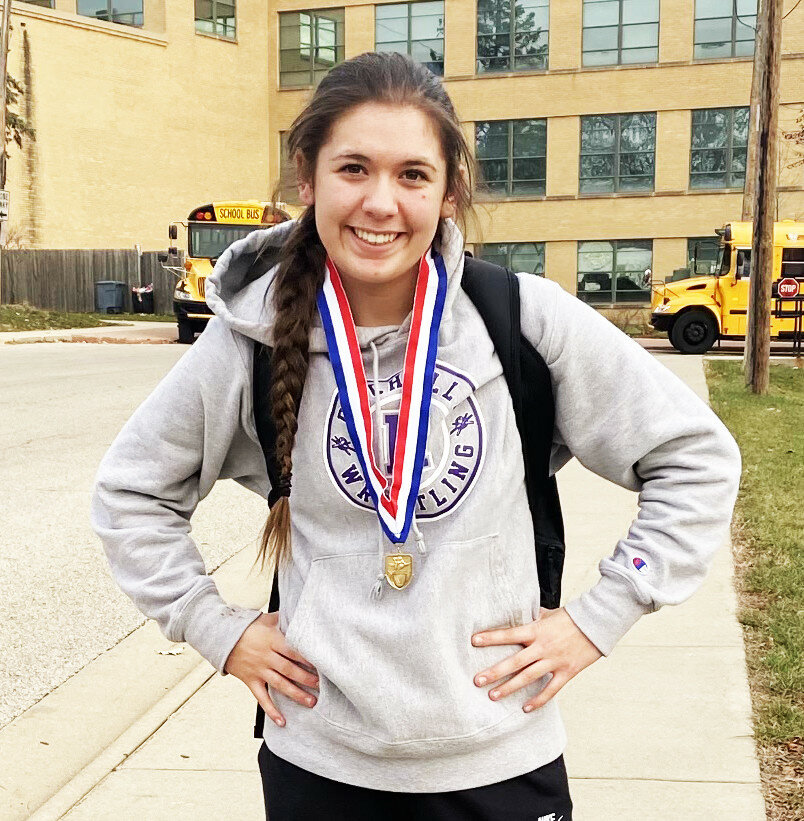Junior Dempsey Atkinson took first place to lead the Rochelle Lady Hub wrestlers at the Rockford East Girls Invitational on Saturday. (Courtesy photo)