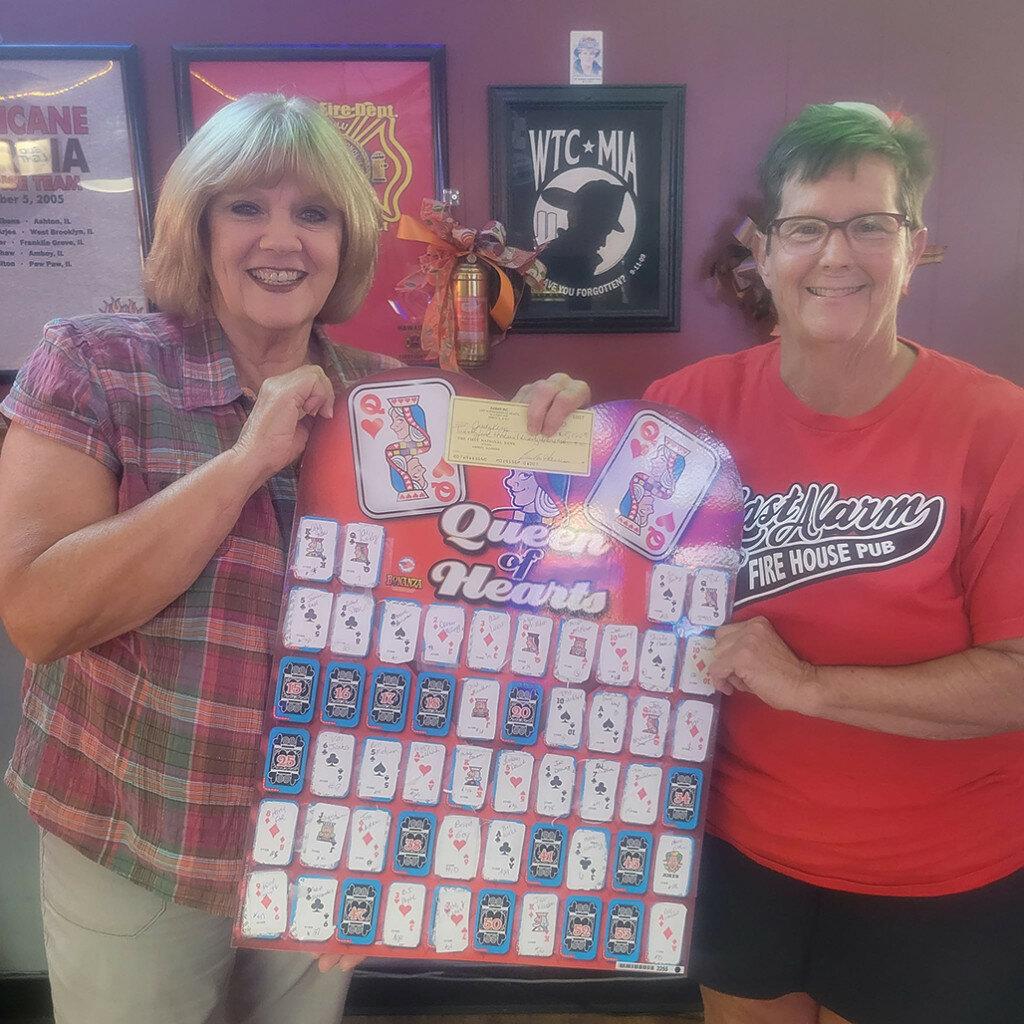 Amboy resident Judy King was the winner of The Last Alarm’s third game of Queen of Hearts. King’s No. 23 was drawn to give her 40 percent ($25,020) of the $62,550 jackpot. The Amboy Fire Department was given the same size check as King since each of The Last Alarm’s Queen of Hearts earnings are split to a non-profit organization. The fourth game will begin at 7 p.m. Wednesday, Oct. 11 and will start with $12,510 (20 percent of the last jackpot) and it will benefit the Buddy Bags Program ran by the Immanuel Lutheran Church.  
Courtesy photos