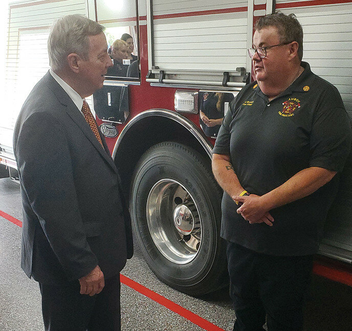 United States Senator Dick Durbin, pictured left with Amboy Fire Chief Jeff Bryant, Sr., visited the Amboy Fire Department on Thursday, June 27. Durbin is the creator of the Supporting and Improving Rural EMTs Needs (SIREN) Act, which provides grants for rural emergency service centers for training and equipment. Amboy has applied for and received three SIREN grants totalling $360,000.
Brandon LaChance/Amboy News