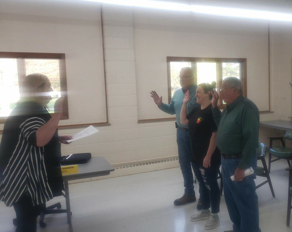 The elected Sublette Village Board members were sworn in by Sublette Village Clerk Katherine Leffelman, far left, at the end of the year board meeting Thursday, April 27. The village board members being sworn in were, left to right, incumbent Scott Hanson, incumbent MacKenzie Belan, and Richard Klaser, who previously served on the board. 
Photo contributed