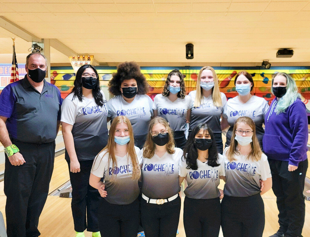 The Rochelle Lady Hub bowling team competed in the Interstate 8 Conference meet at Echo Lanes in Morris on Monday. Above from left to right are Zoe Rourke, Faith Adams, Aarchi Sorathia, Carly Summers (front row), head coach Eric Widick, Anahi Alanis, Anyssa Contreras, Anna Samo, Cassidy Vincent, Alyssa Mickley and assistant coach Shannon Forney. (Courtesy photo)