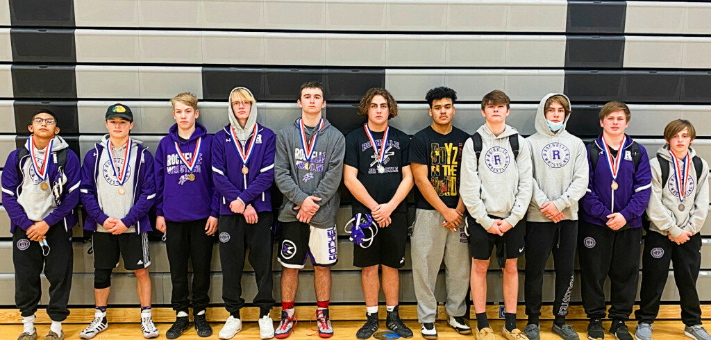 The Rochelle Hub varsity and JV wrestlers teams brought home several individual medalist and ribbon honors at the Interstate 8 Conference meet on Saturday. Above are varsity medalists Xavier Villalobos, Weldon Nay, Joseph Nadig, Wesley Brown, Kaiden Morris, Jaden Cook, Jorge Driggs, Brock Metzger, Grant Gensler, Brandyn Metzger and Tommy Tourdot. (Photos by Russell Hodges)