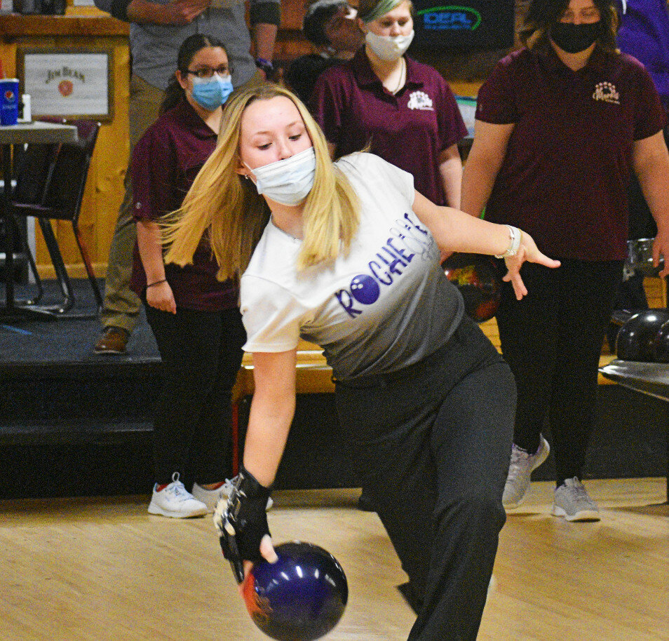 Freshman Cassidy Vincent rolled the high series score during the Rochelle Lady Hub varsity bowling match against Morris on Thursday. (Photo by Russell Hodges)