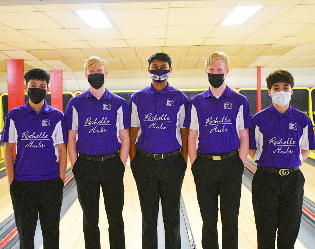 The Rochelle Hub varsity bowling team celebrated its five seniors during Tuesday’s home match against the Ottawa Pirates. Above from left to right are Johnavon Hueramo, Luke Orlikowski, Devansh Patel, Max Orlikowski and Sergio Guevara. (Photo by Russell Hodges)