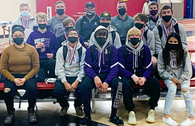 The Rochelle Hub varsity wrestling competed in the Rockford East Giardini Invitational on Saturday, finishing fifth out of 18 schools. (Courtesy photo)