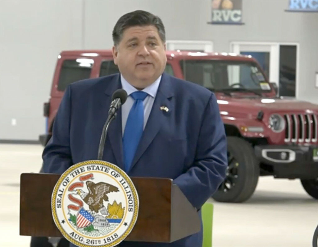 Gov. JB Pritzker speaks at a news conference recently at the Rock Valley College Advanced Technology Center in Belvidere. He signed the Reimagining Electric Vehicles in Illinois Act into law at the bill signing ceremony. (Credit: Blueroomstream.com)