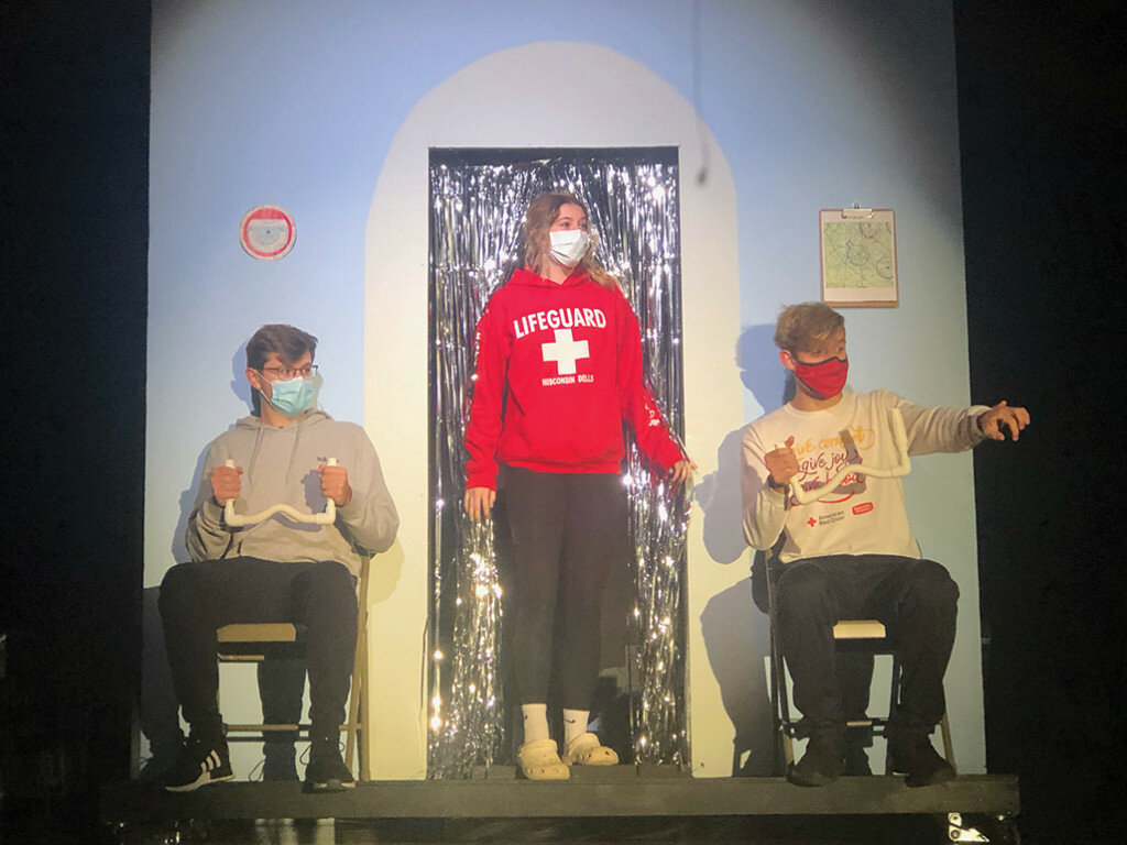 Amboy High School students Austin Shugars, Brianna Henkel, and Kelton Schwamberger rehearse the fall play “Plan 9 From Outer Space.” The play will be performed this weekend.
George Howe/Amboy News