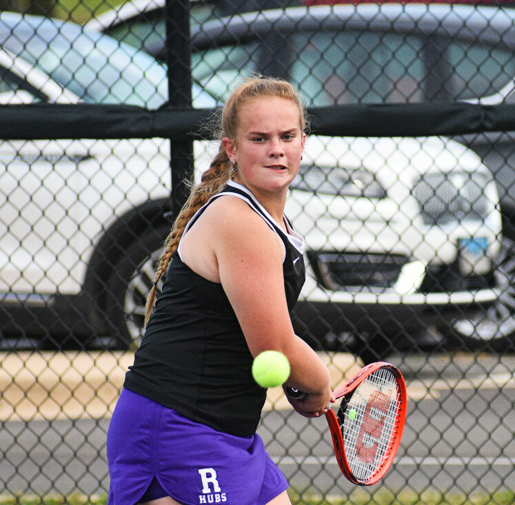 Senior Ashley Knight is one of the seven seniors who competed on the Rochelle Lady Hub varsity 
tennis team this year. (Photo by Russell Hodges)