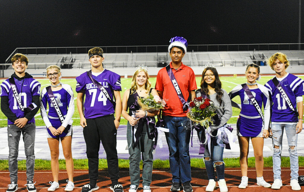 Rochelle Township High School crowned its 2021 Homecoming Court during Thursday's Pep Rally. Above from left to right are freshmen Grant Gensler and Abigail Jarvis (attendants), juniors Bradley Cooney and Ellie Carmichael (prince and princess), seniors Devansh Patel and Valeria Garcia (king and queen) and sophomores Ella Alfano and Brandt Waters (attendants).