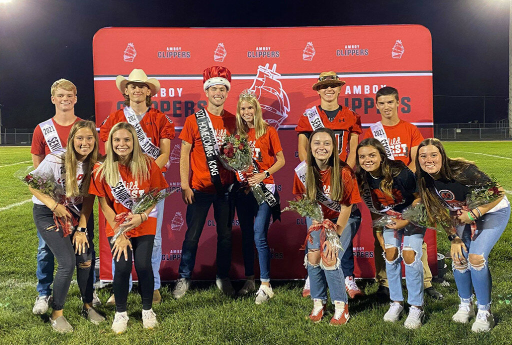 The Amboy High School 2021 Homecoming King and Queen are, center, Haden McCoy and Lauren Althaus. The Senior Homecoming Court includes, front row left to right, Kenzie Nickel, Lauren Richardson, Lauren Althaus, Lexi Morgan, Abbe Christoffersen and Baylie Nickel; back row, Andruw Jones, Jairon Hochstatter, Haden McCoy, Caden Wittenauer and Sam Russell. (Photo contributed)