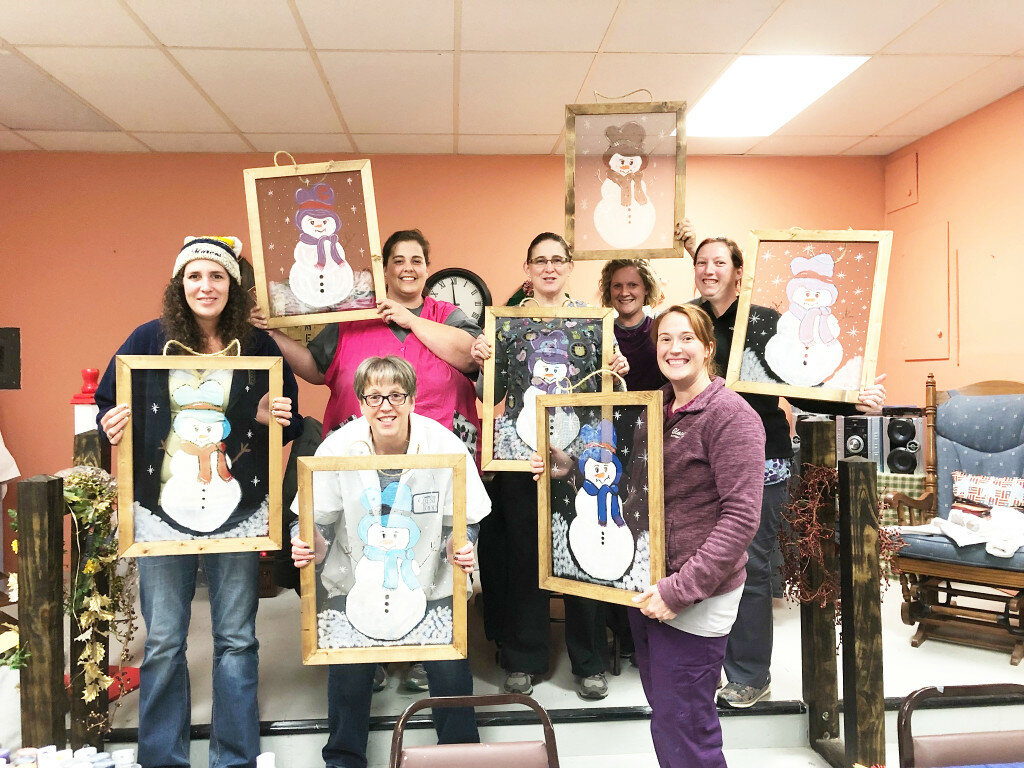The girls from Pines Meadow Vet Clinic enjoyed a fun evening out and each of them took home an adorable snowman decoration they made themselves!  Want to schedule a group event at The Shed to have some fun and support Serenity Hospice?  Call 815-732-2499