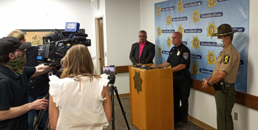 Gordon Woods / Journal — Clinton Police Chief Ben Lowers were flanked by DeWitt County Sheriff Mike Walker and Illinois State Police Capt. Greg Cavanaugh during a media conference Wednesday afternoon.