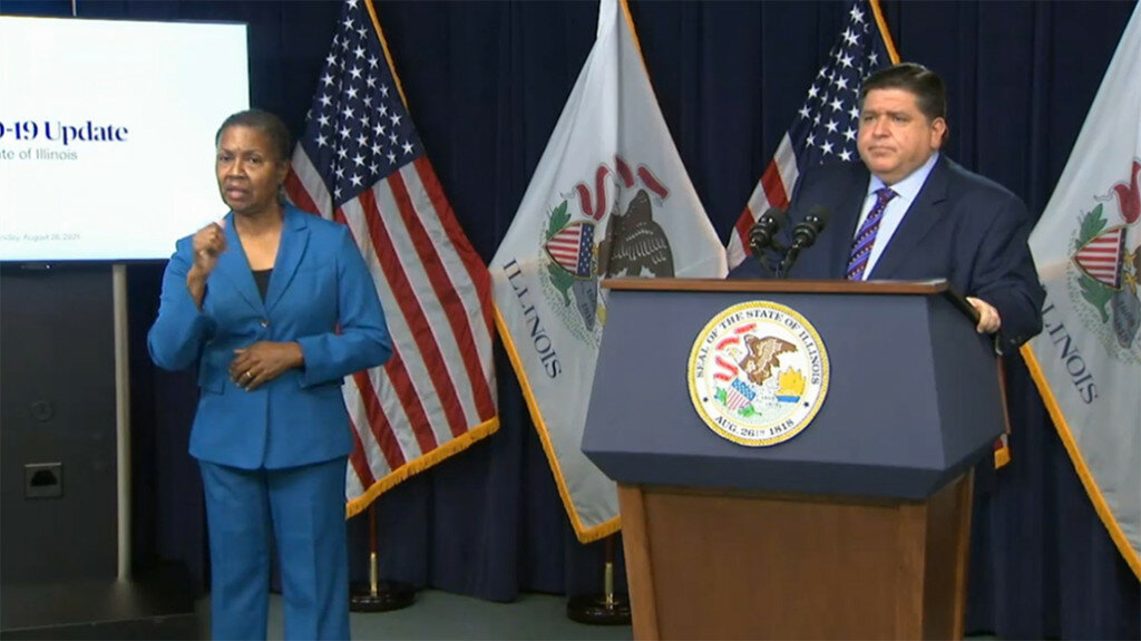 Gov. JB Pritzker speaks during a news conference last week during which he announced a statewide indoor mask mandate effective Aug. 30. (Credit: blueroomstream.com)