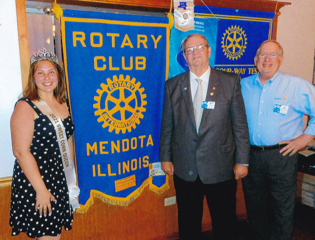 Perris Stachlewitz, this year’s Sweet Corn Festival Queen, left, attended the Aug. 17 meeting of the Rotary Club. Also reporting at the meeting were Thomas Brooks, right, District 6420 Assistant Governor, and David Bills, District 6420 Governor. (Photo contributed)