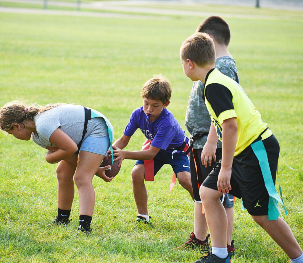 The Rochelle Junior Tackle flag football program kicked off practices this past week, with games beginning Tuesday, Aug. 11 for preschoolers through third-graders and Wednesday, Aug. 12 for third and fourth-graders. The flag football season will span eight weeks and conclude with a celebration on Sept. 29. (Photo by Russell Hodges)
