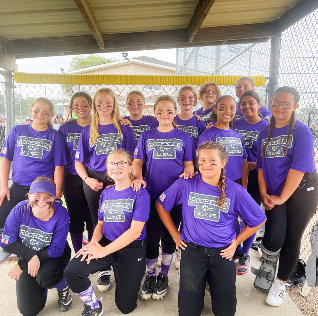 The Rochelle Little League 12U Softball All-Stars opened the District 19 Championship tournament this week, splitting games against Sterling and Rock Falls. The team includes Aeriss Williams, Dakota Hamilton, Mary Chadwick, Maya Esparza, Dylan Etes, Leiya Smith, Jaylyn Pointer, Briel Metzger, Camryn Metzger, Camryn Ranken, Vivian Novak, Audrina Rodriguez, Phelisity Lopez and Jaclynn Lira. The team is coached by Brad Metzger, Tiffiny Smith and Stephanie Rodriguez. (Courtesy photo)