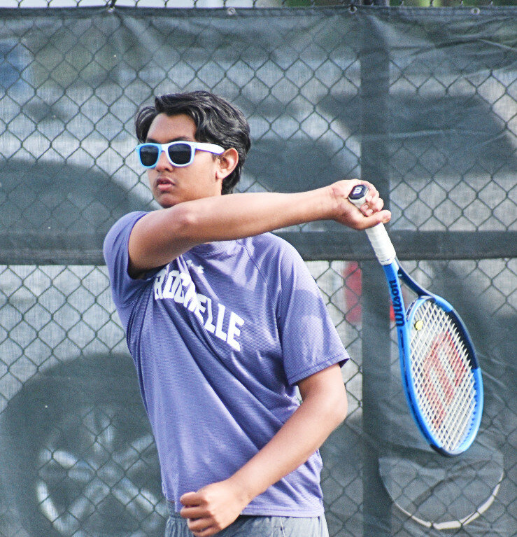 Junior Devansh Patel is one of eight varsity tennis players eligible to return to the Rochelle Hubs next season. (Photo by Russell Hodges)