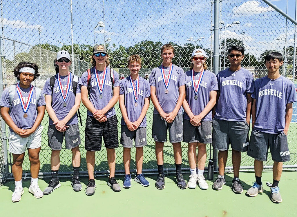 The Rochelle Hub varsity tennis team finished third in the Interstate 8 Conference Championships this season. Six Hub netters earned medals during the tournament. Above from left to right are Alex Gilbert, Peter Forsberg, David Wanner, Parker Lenkaitis, John Green, Owen Haas, Devansh Patel and Jason Zheng. (Courtesy photo)