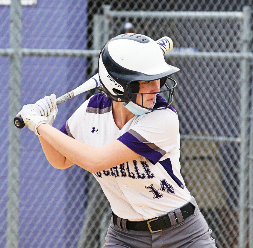 Sophomore Addie Friestad reached base in all four at-bats during the Rochelle Lady Hub varsity softball game against Morris on Wednesday. (Photo by Russell Hodges)