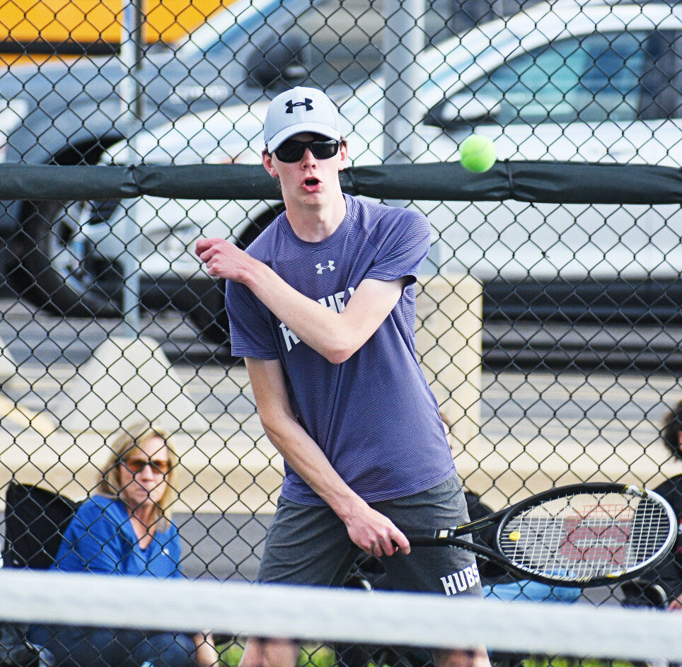 Junior Peter Forsberg contributed to a doubles sweep on Tuesday, when the Rochelle Hub varsity tennis team defeated Kaneland on the road for its first Interstate 8 win. (Photo by Russell Hodges)