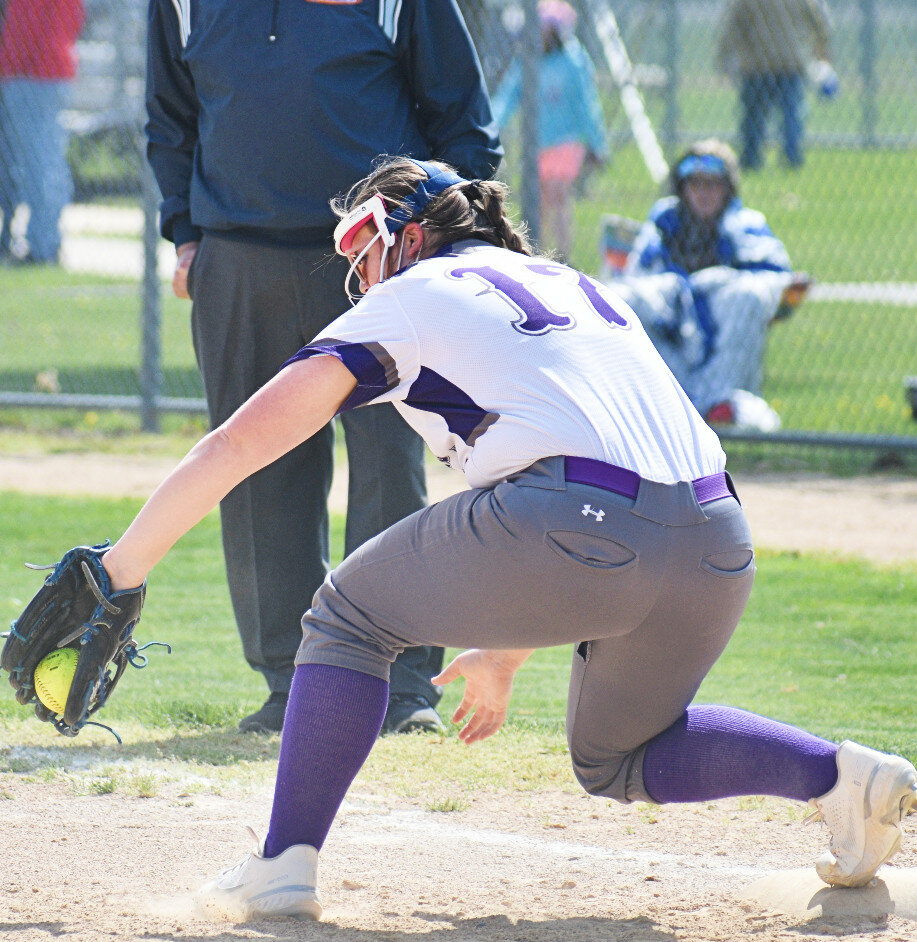 Senior Sawyer McGee makes a play at first base for the Rochelle Lady Hub varsity softball team. (Photo by Russell Hodges)