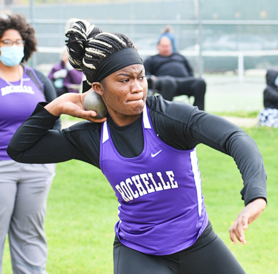 Senior Afi Gati won the shot put competition during the Rochelle Lady Hub track and field meet with Morris and Sycamore on Tuesday. (Photo by Russell Hodges)