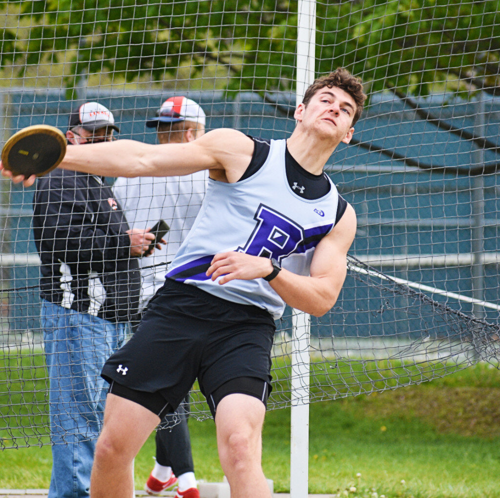 Junior Zach Sanford won the discus competition during the Rochelle Hub track and field meet against Sycamore and Morris on Tuesday. (Photo by Russell Hodges)